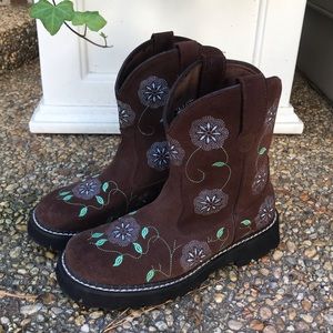 ROPER brown suede turquoise floral embroidered stitched ankle cowboy boots